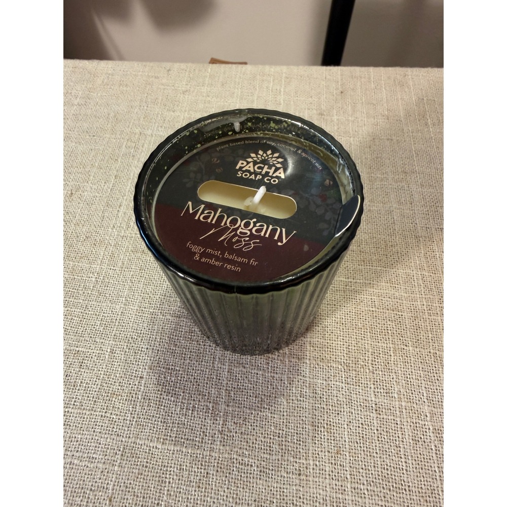 Pacha Soap Co Mahogany Moss Glass Votive Candle 4oz Iridescent Green Fluted Soy